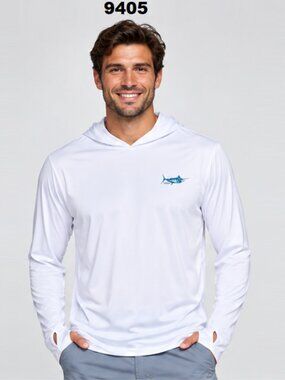 NWT SCALES PRO Men's White Tropical Marlin Hooded Performance Shirt W/UPF50